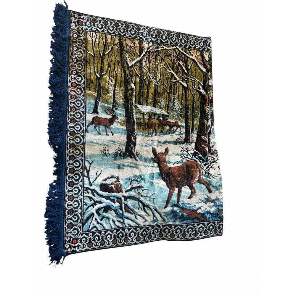 Vtg W.P.L Winter Deer Scene 48.5x73.5 Wall Hanging Tapestry Buck Rug 13379 Italy
